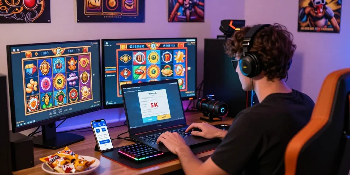 Engaging scene of a gamer processing a slot deposit 5k transaction while immersed in online gaming.