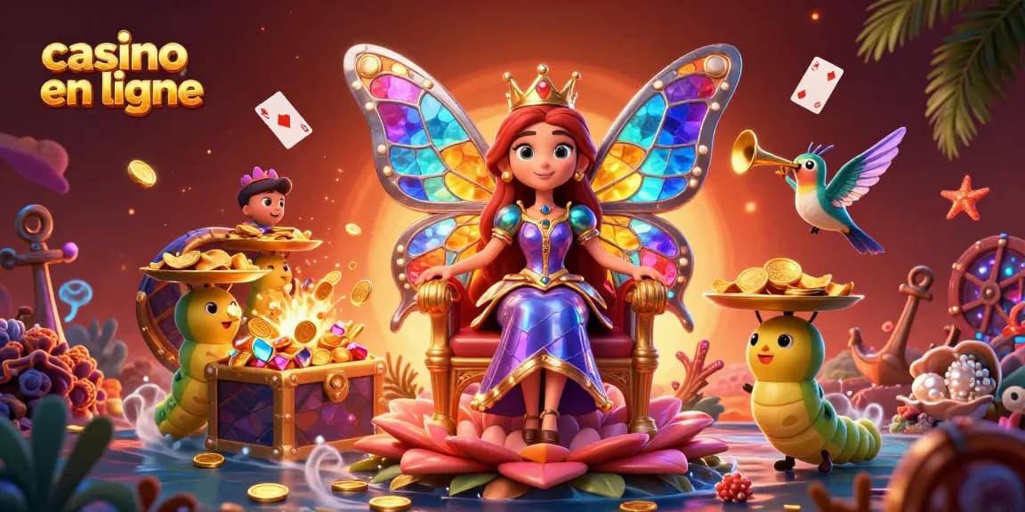 Illustrez les jeux de casino en ligne avec des éléments colorés et festifs, créant une expérience immersive.