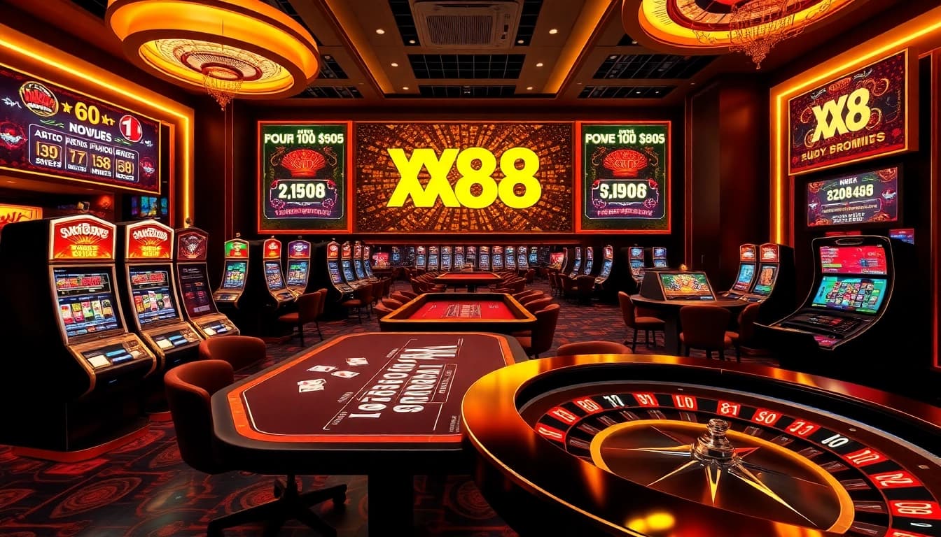Experience luxury gaming at XX88 with vibrant casino tables, cards, and slot machines.