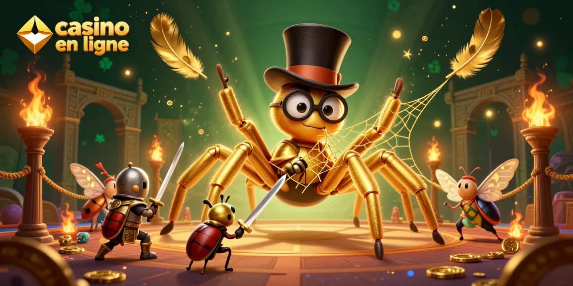 Illustration d'une tarentule dorée et d'un petit chevalier dans un casino en ligne, entourés de pièces d'or.