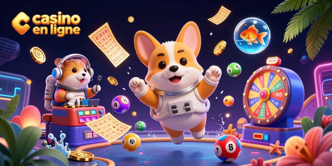 Plongez dans l'univers du casino en ligne avec un corgi astronaute et des balles de loterie flottantes.