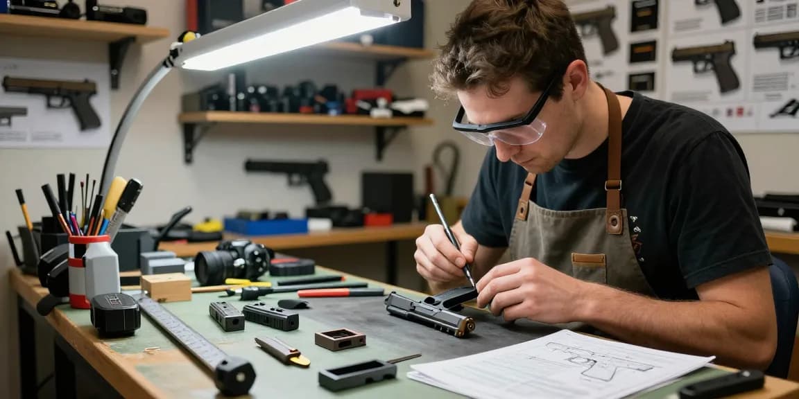 Glock slide customization process at https://precisionglockslides.com with tools and expert gunsmith in action