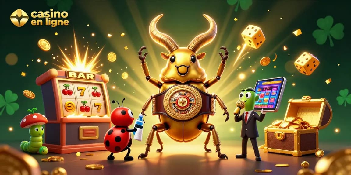 Découvrez les machines à sous dans un casino en ligne vibrant avec un scarabée doré.