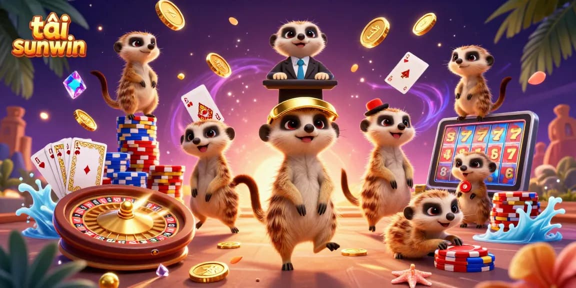 Engage in fun and excitement with tải sunwin through a vibrant casino scene featuring animated meerkats.