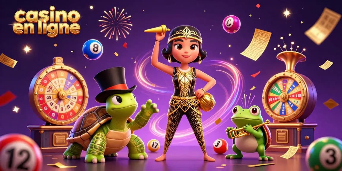 Jouer dans un casino en ligne avec un crâne art déco et une grenouille étoilée animée, à la loterie colorée.