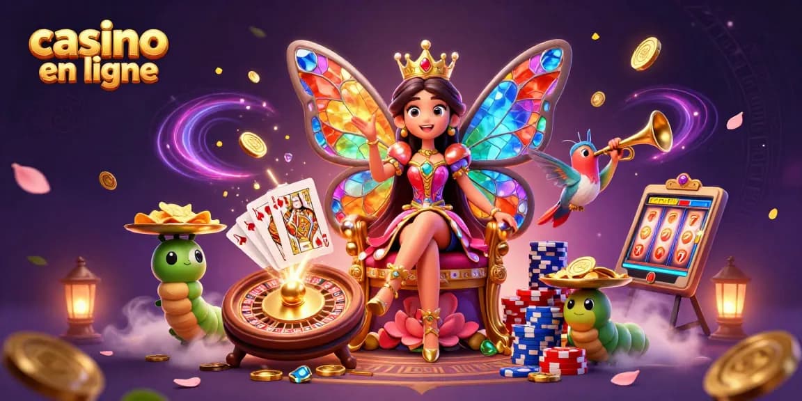 Jouer au casino en ligne avec l'illustration d'une reine papillon et des éléments de jeu scintillants.