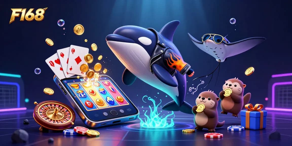 Experience the thrill of winning with F168's vibrant underwater casino scene featuring dynamic game elements and fun characters.