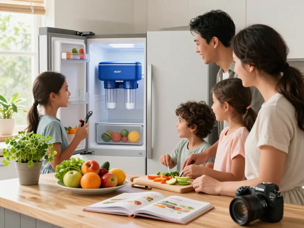 Family enjoying cooking with fresh ingredients next to their Waterdrop MSWF Refrigerator Water Filter.