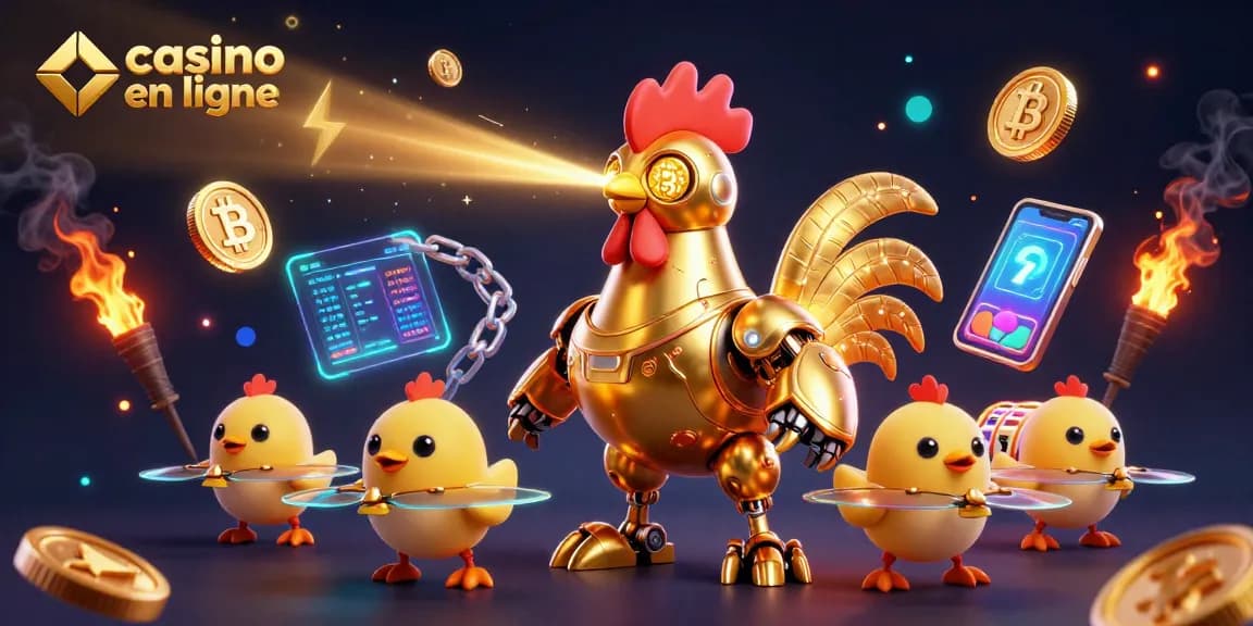 Vivez l'expérience du casino en ligne avec cette illustration dynamique de personnages futuristes.
