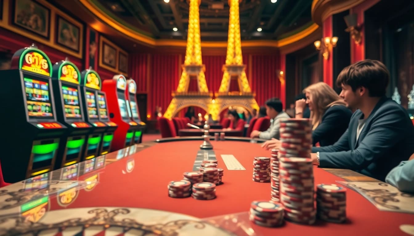 Vivez l'excitation du casino en ligne France avec des joueurs engagés à une table de poker luxueuse.