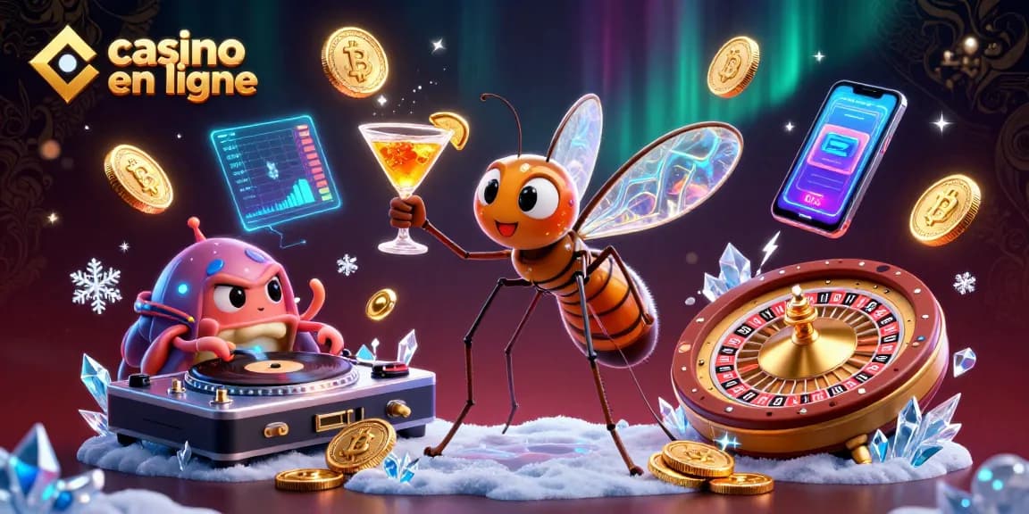 Plongez dans l'univers des casinos en ligne avec un dinosaure DJ et des éléments numériques ludiques.