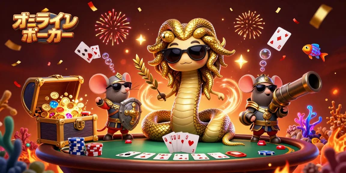 オンラインポーカーでの勝利を目指すキャラクターたちが華やかなポーカーテーブルを囲むシーン