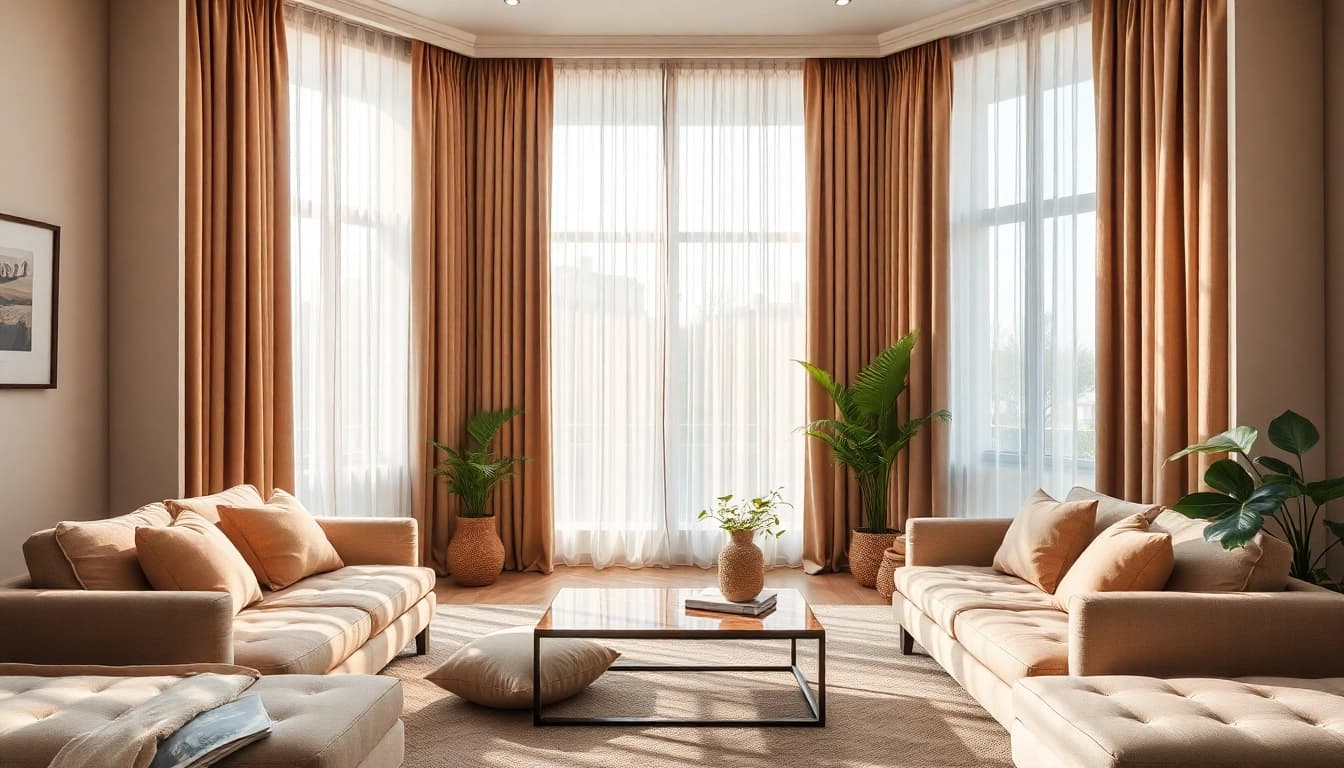 Gordijnstof kopen online in een stijlvolle woonkamer met luxe gordijnen en comfortabele meubels.