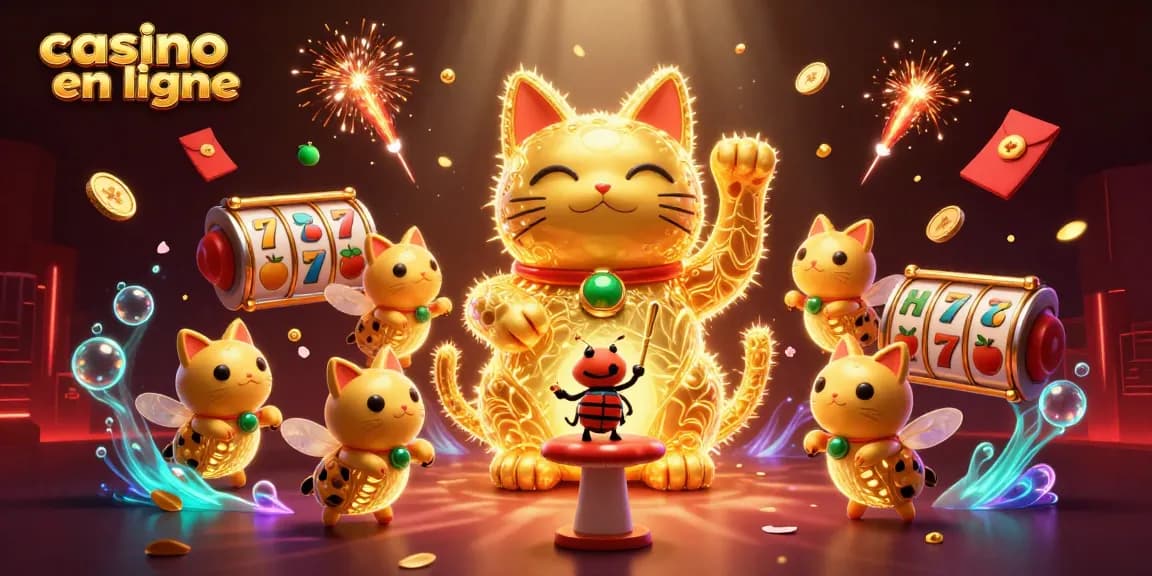 Jouez à casino en ligne avec une illustration captivante de symboles de jeu et un chat porte-bonheur.