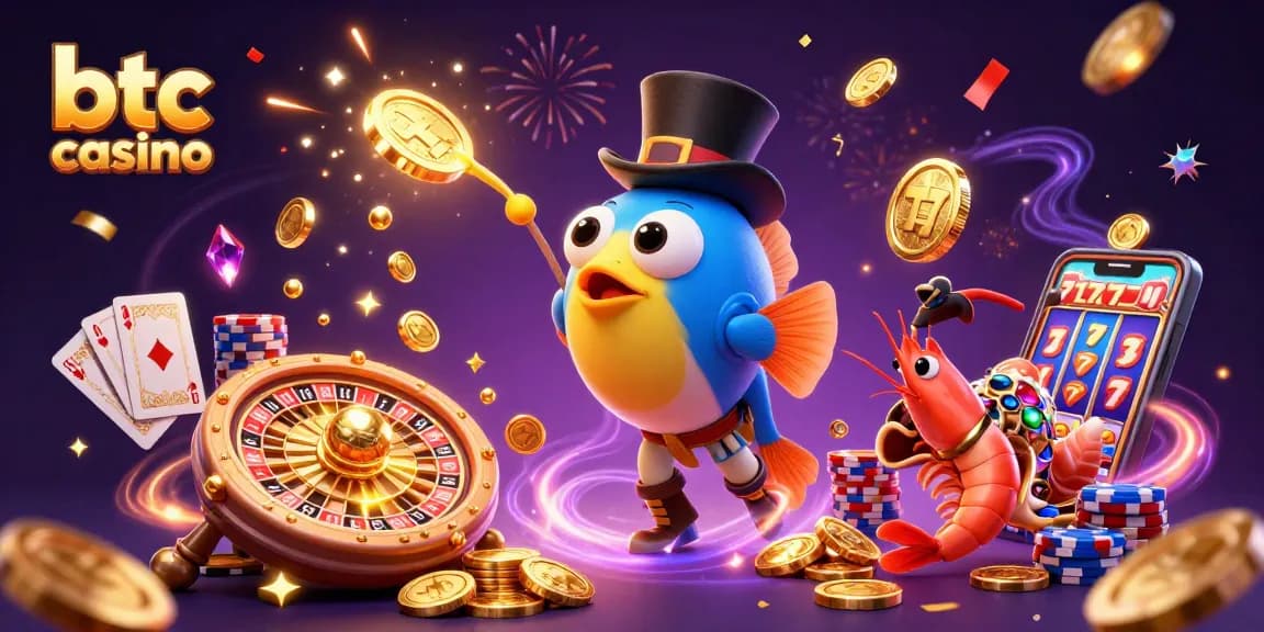 Gioca nel btc casino con l'anguilla pescatrice e un'aragosta pirata in un'illustrazione colorata.