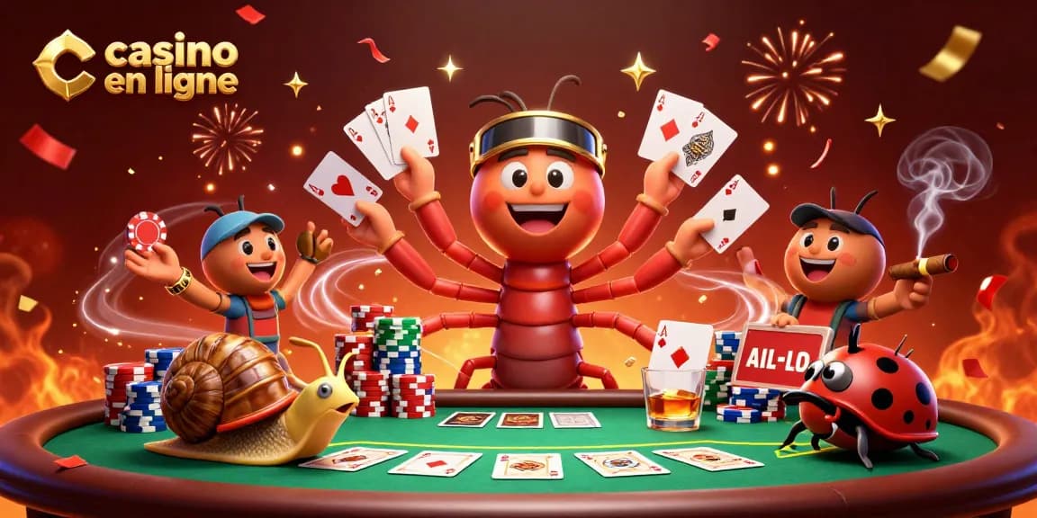 Casino en ligne : Un millipède dealer avec ses cartes et un escargot parieur au cœur de l'action