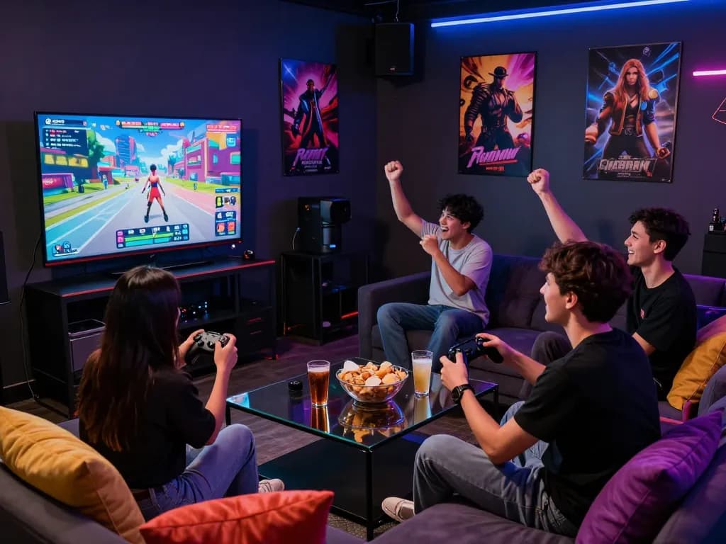 Engaging scene of friends playing a real porn game in a vibrant gaming lounge, showcasing a lively atmosphere.