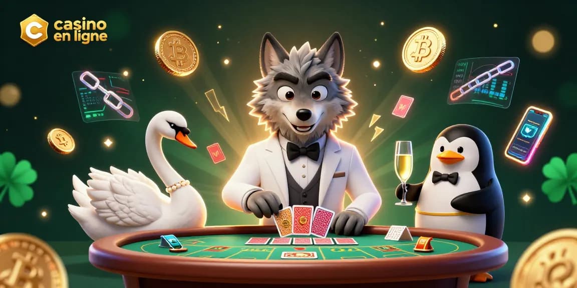 Jouez au casino en ligne avec notre illustration de jeu captivante mettant en scène un loup, un cygne et un pingouin.