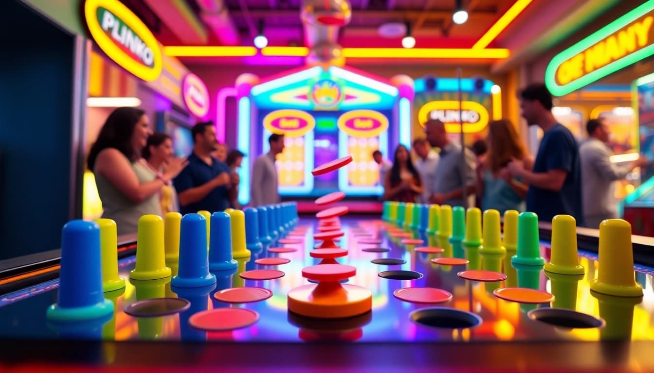 Mainkan plinko demo dengan disk berwarna cerah jatuh melalui paku yang meriah.