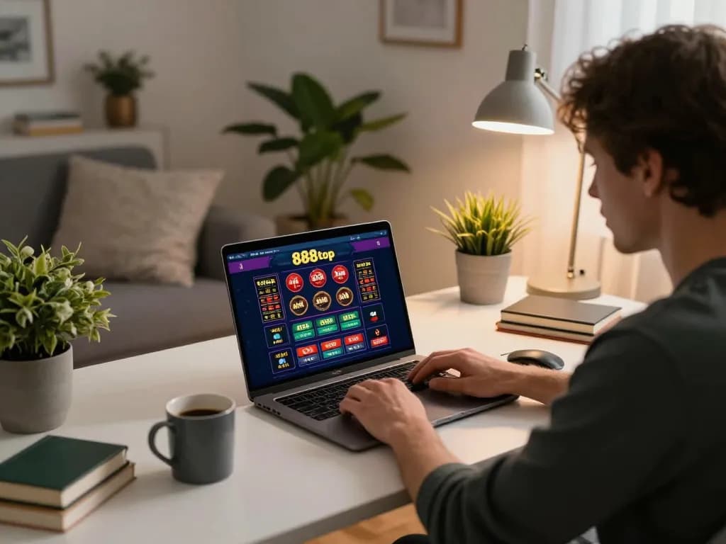 Engaged player strategizing on 888top online casino platform in a cozy home office setting.
