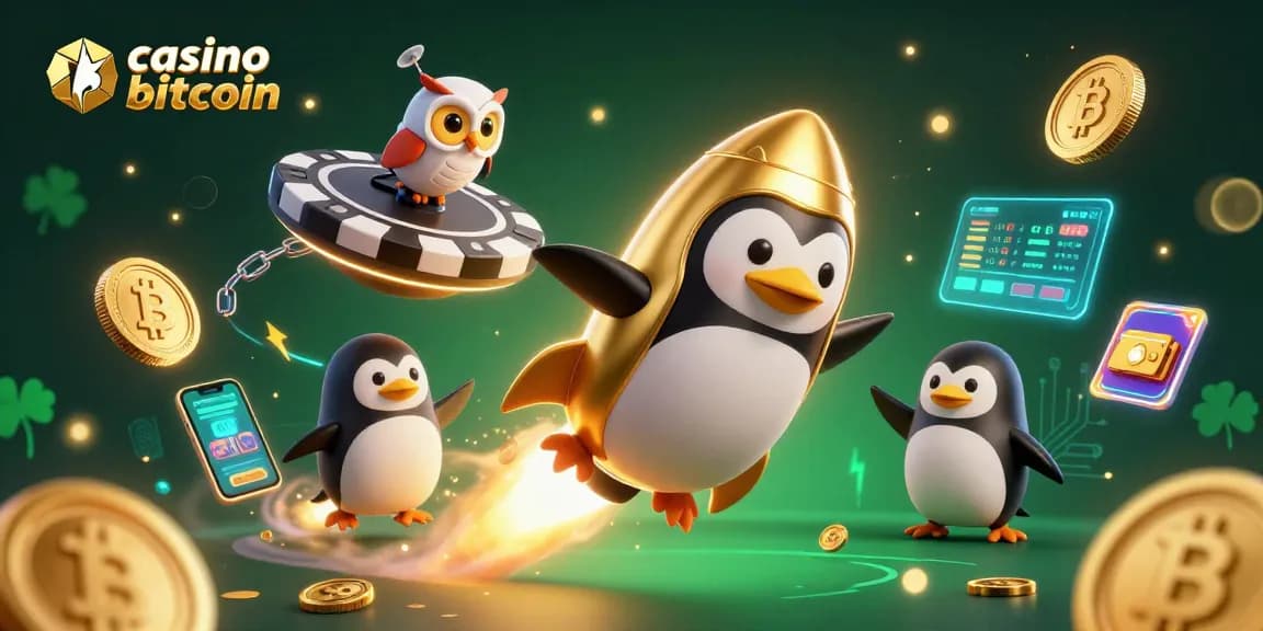 Cattura l'azione nei casino bitcoin mentre un pinguino dorato sfreccia nello spazio tra monete e elementi blockchain.