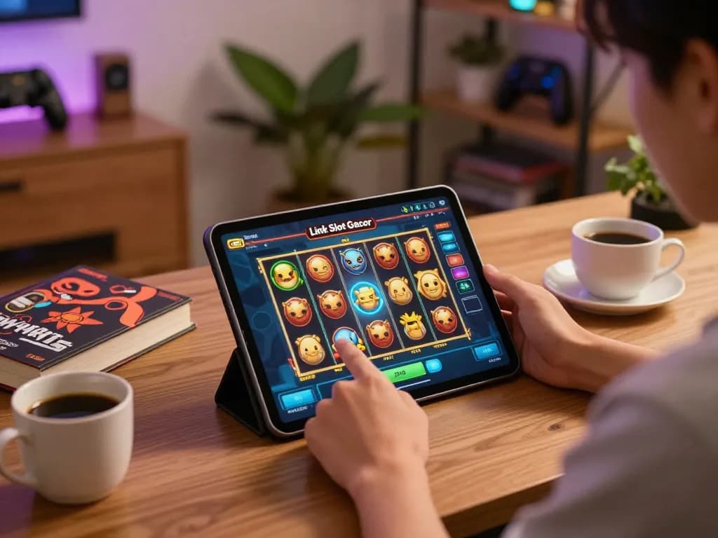 Engaging gameplay session featuring Link Slot Gacor displayed on tablet, showcasing player excitement and focus