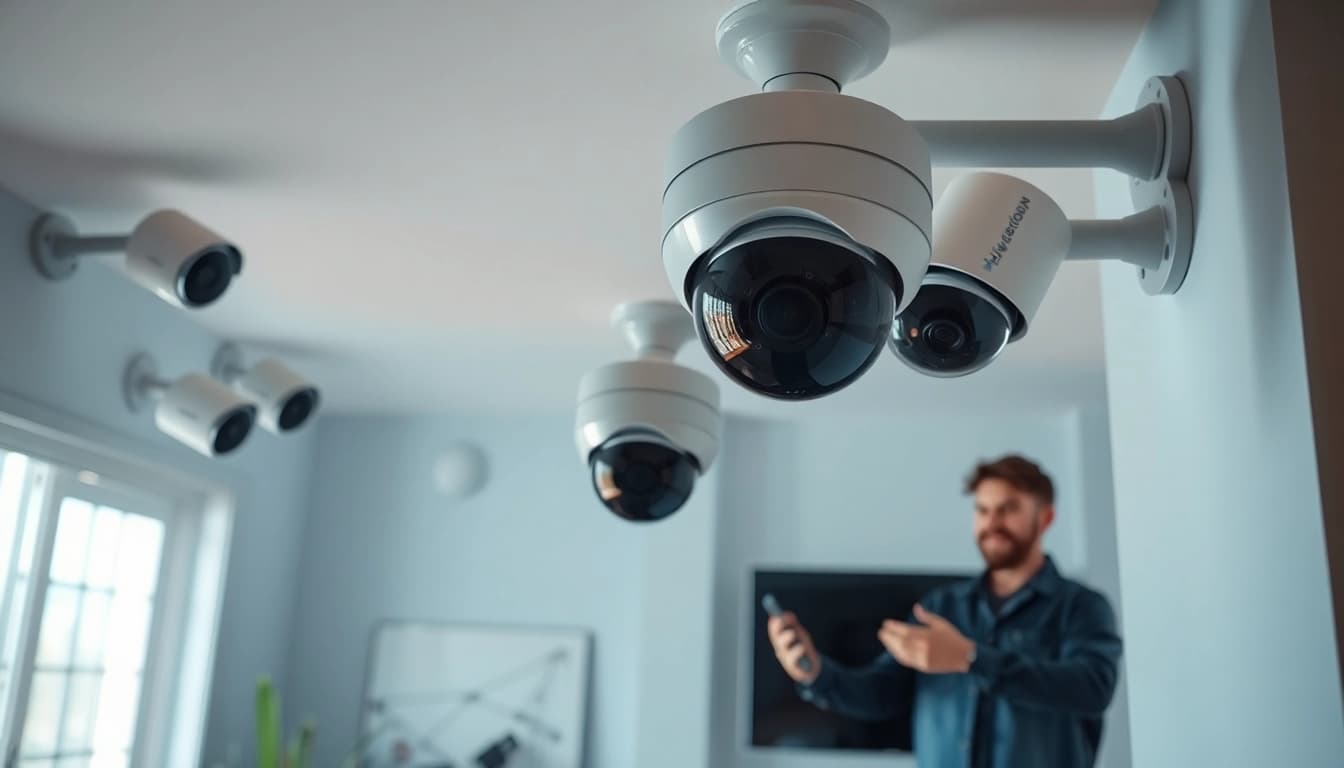Cámaras Hikvision instalándose en una casa moderna, mostrando diseño innovador y tecnología de seguridad.