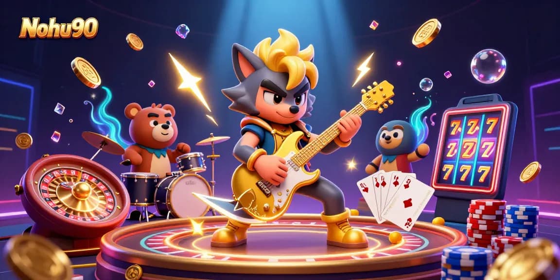 Nohu90 features a dynamic scene with a rock star wolf playing guitar amidst gold coins and vibrant casino elements.