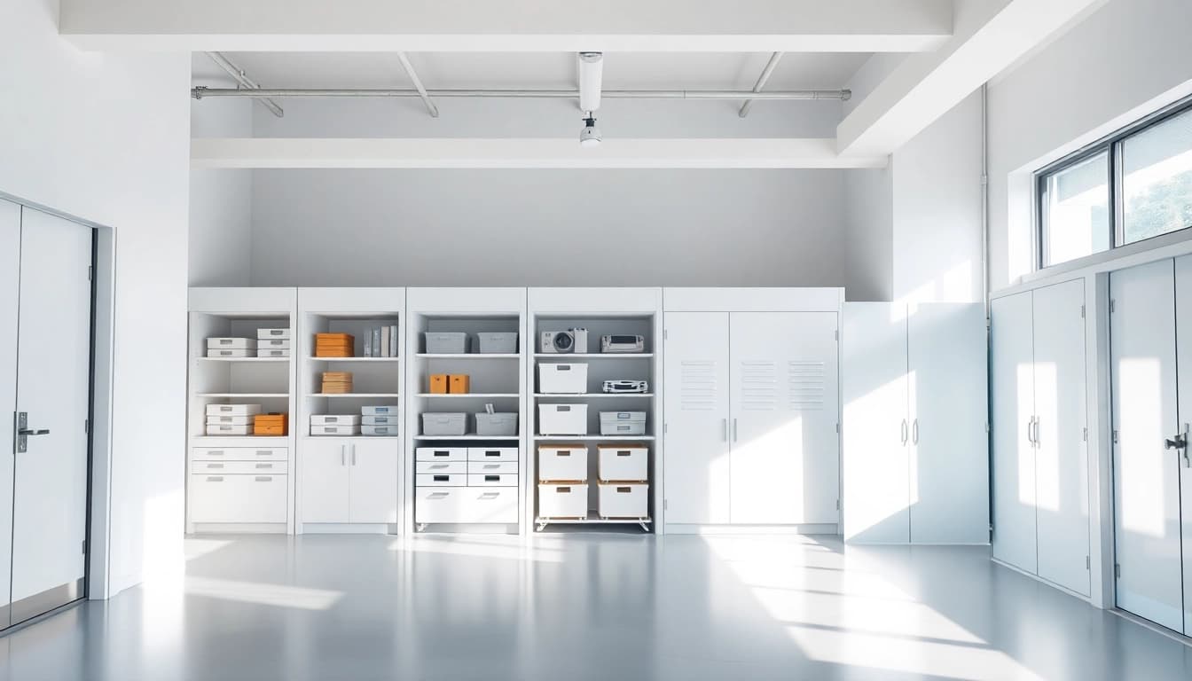 Discover organized self storage units in a spacious, well-lit facility, emphasizing efficiency.