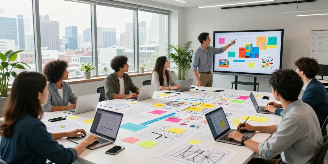 Team collaboration using mixboard ai on digital canvas in modern office