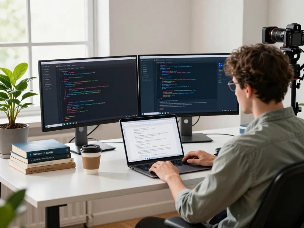 Developer reviewing telegram 下载 interface in a bright tech workspace with dual monitors and coding books.