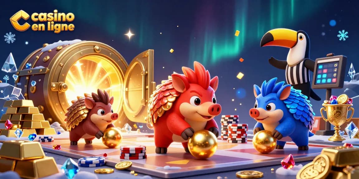 Rivalisez à un casino en ligne avec des pangolins colorés bowling sur des jetons de poker dans une ambiance festive.