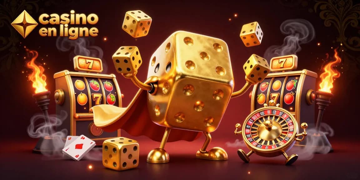 Image dynamique de casino en ligne avec un golem de dés dorés et des rouleaux de machines à sous.