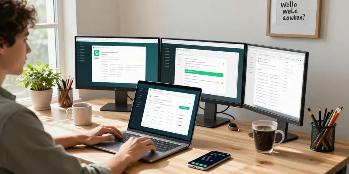 A young professional engaging with WhatsApp電腦版 on a sleek laptop in a bright modern home office.