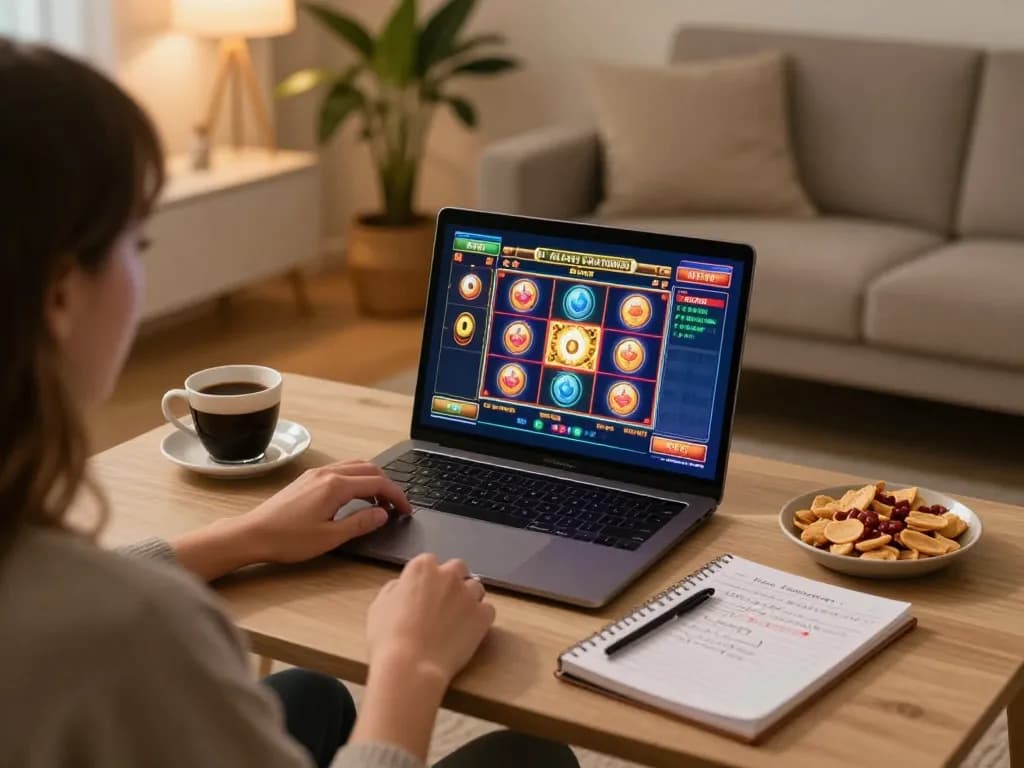 Engaging in online casinos in Canada reddit with a cozy home gaming setup, laptop showcasing slots game action.