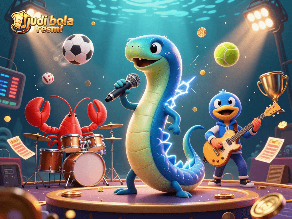 Engage with judi bola resmi action on a vibrant underwater casino scene showcasing electric eel DJ.