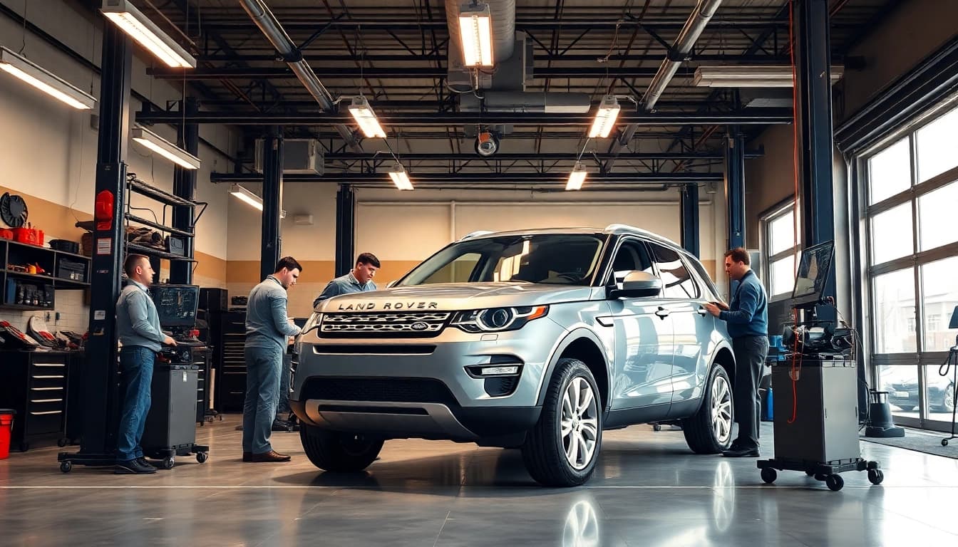 Delivering expert Land Rover Service in a modern workshop with skilled technicians at work.