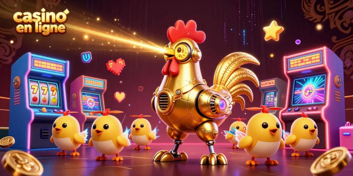 Jouez au casino en ligne avec un robot poulet doré futuriste et des drones mignons dans une scène dynamique.
