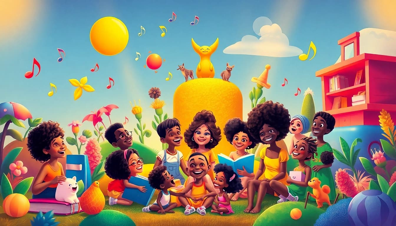 A lively scene depicting diverse characters from African American cartoons amidst a colorful landscape, showcasing joy and creativity.