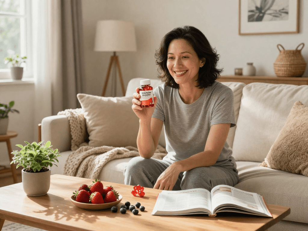 A health-conscious person enjoying astaxanthin softgels in a cozy living room.