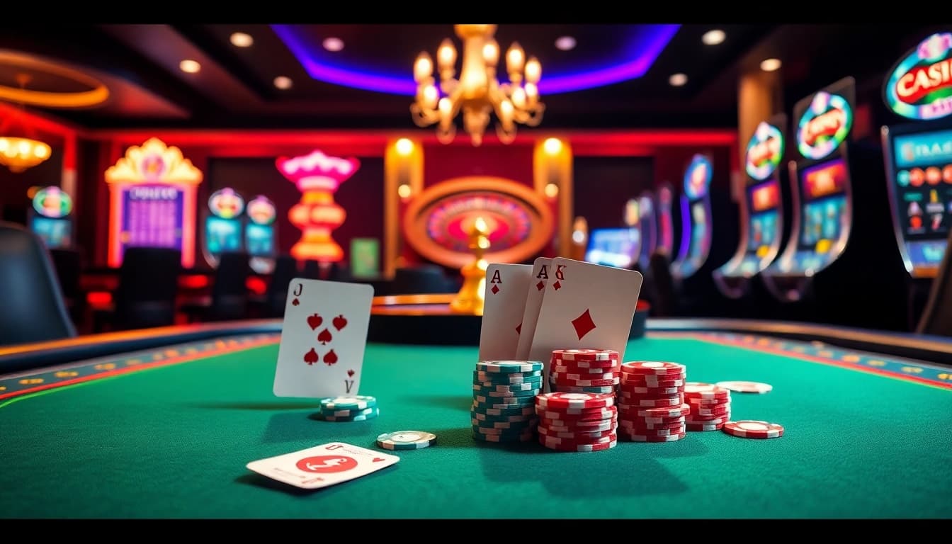 Participez à des jeux passionnants de casino en ligne Français à une table de poker luxueuse avec des jetons et des cartes vibrants.