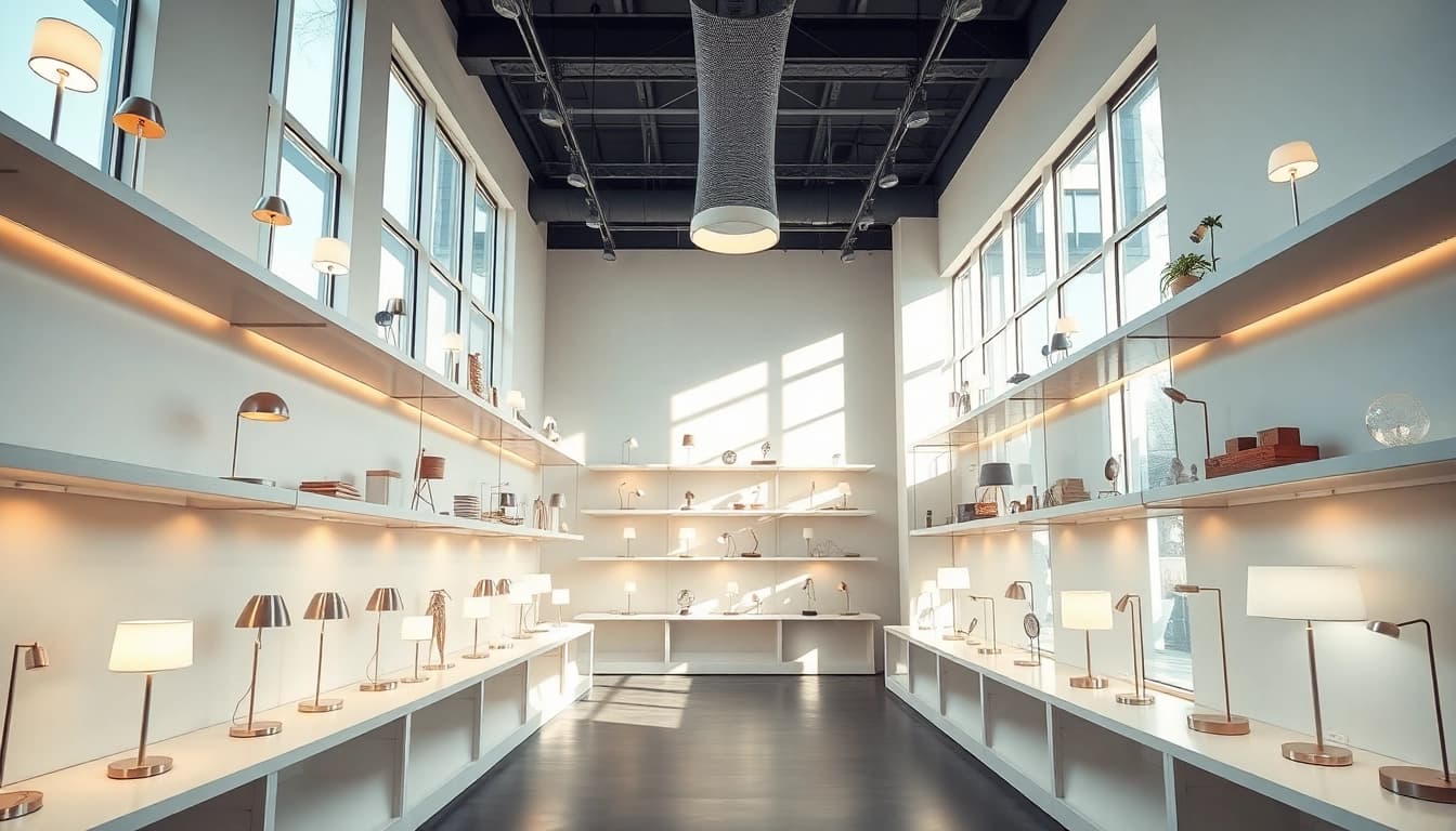 Browse unique lighting solutions with ELC Lamps Online in a modern showroom setting.