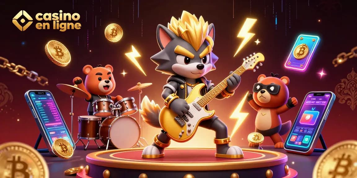 Profitez de l'expérience unique d'un casino en ligne avec un loup rock star et un ours batteur sur scène
