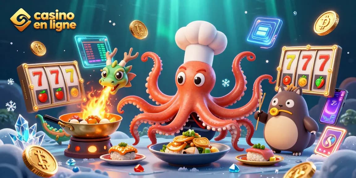 Le jeu au casino en ligne se vivifie avec un chef sushi pieuvre, un dragon et un client tanuki joyeux.