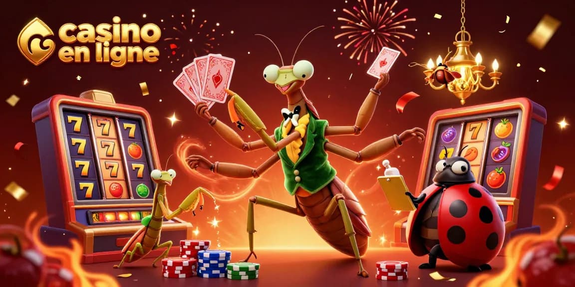 Vivez l'excitation des jeux de casino en ligne avec une illustration dynamique de Mantis et des éléments de jeu.