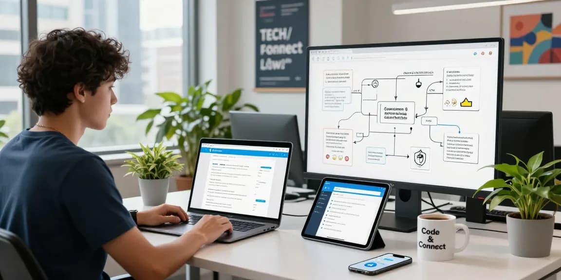 Dynamic workspace showcasing telegram官网 features on devices in a modern office environment.
