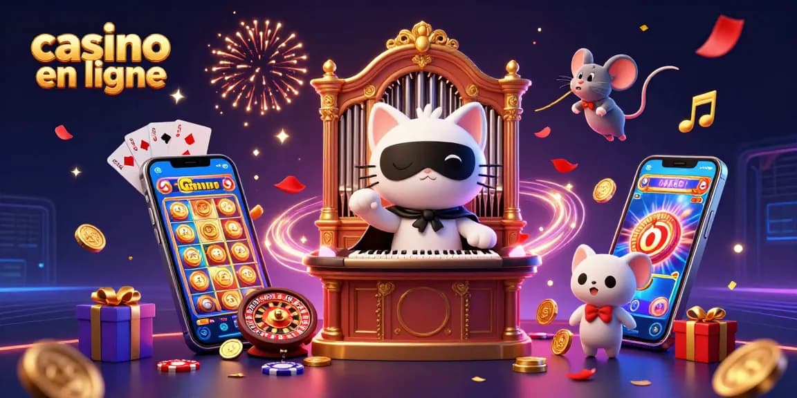 Visualisez un moment captivant dans un casino en ligne avec un chat fantôme et une souris acrobate