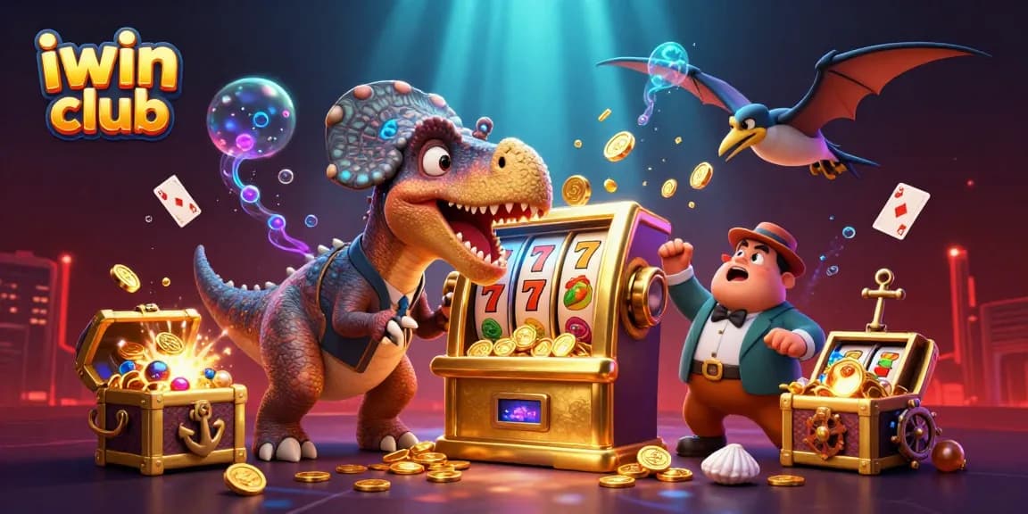 Engage with iwin club gameplay as a cartoon dinosaur activates a jackpot slot amid a vibrant casino scene.
