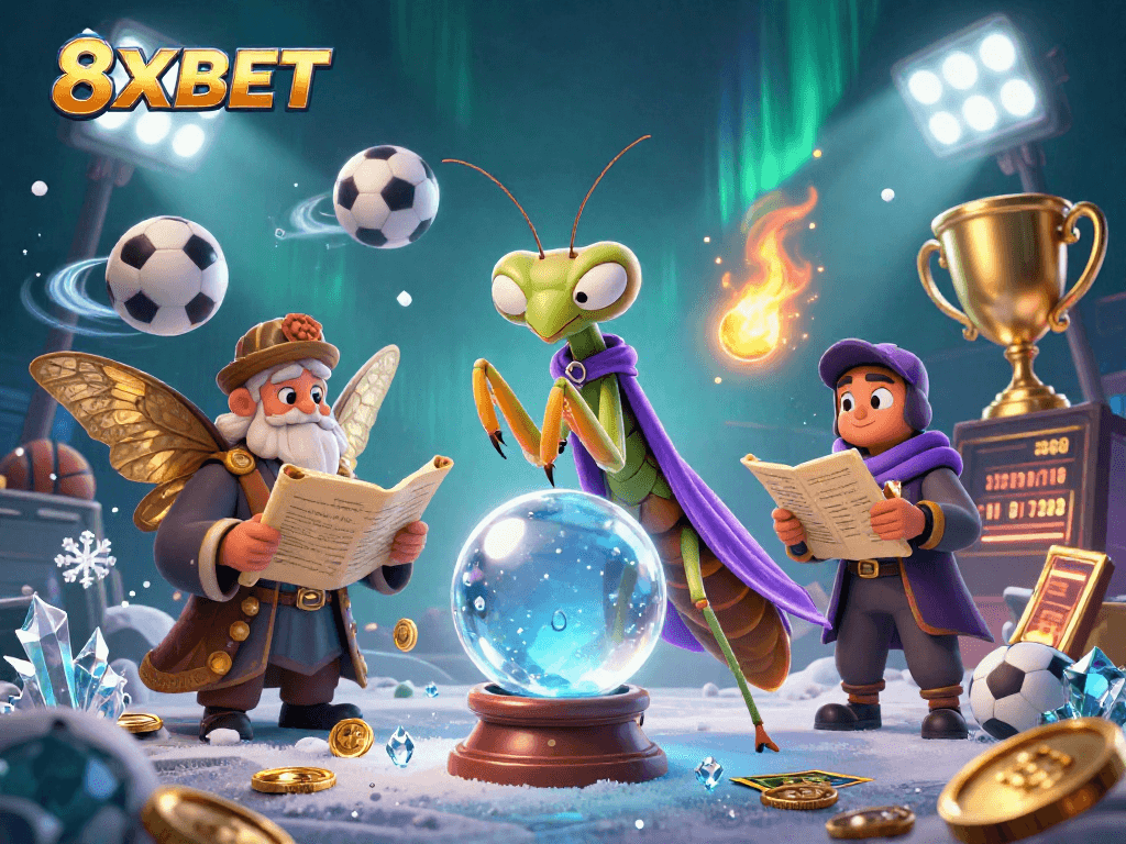 Engage in thrilling bets with the 8XBET fortune teller and sports elements in an enchanting scene.