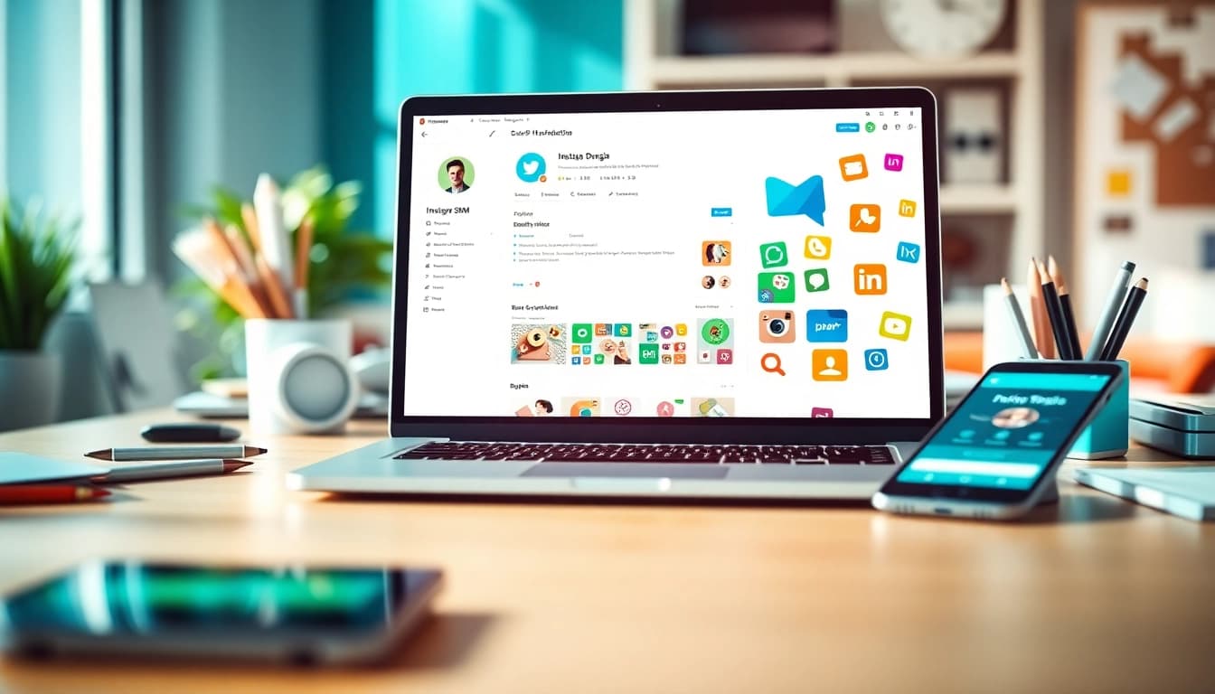 Visual representation of an Instagram smm panel interface on a laptop, surrounded by social media elements.